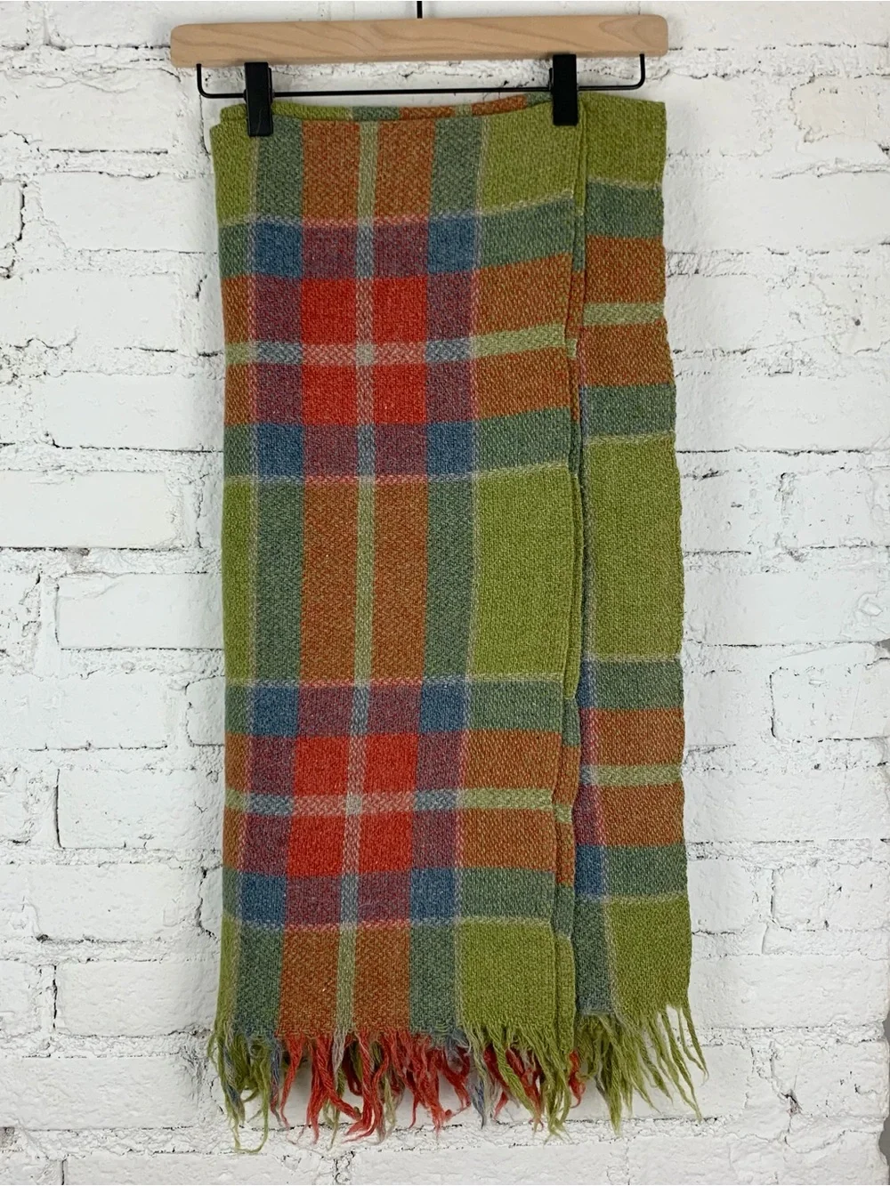Green Plaid Tartan Woven Wool Mohair Tassel Throw Blanket Vintage